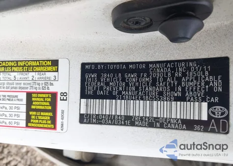 2011 Toyota Corolla Le из США, поврежденный, VIN 2T1BU4EE1BC553869